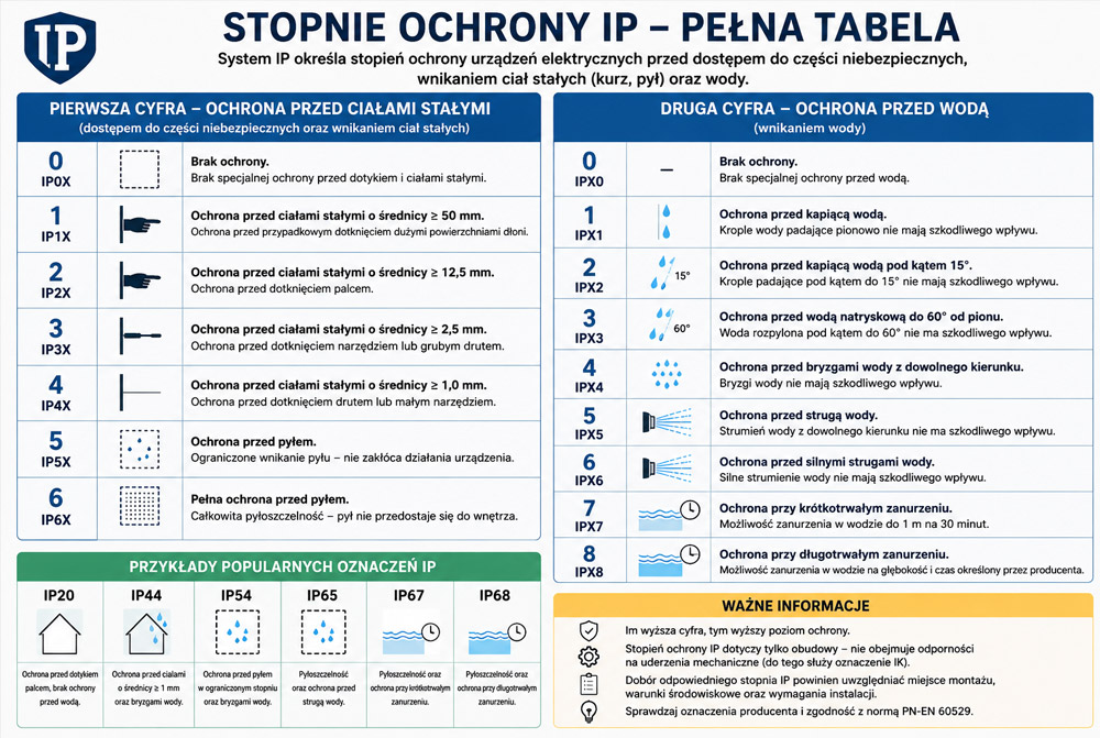 Stopnie ochrony IP - pełna tabela